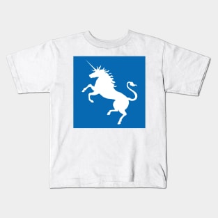 White Coloured Rearing Scottish Unicorn On Saltire Blue Background Kids T-Shirt